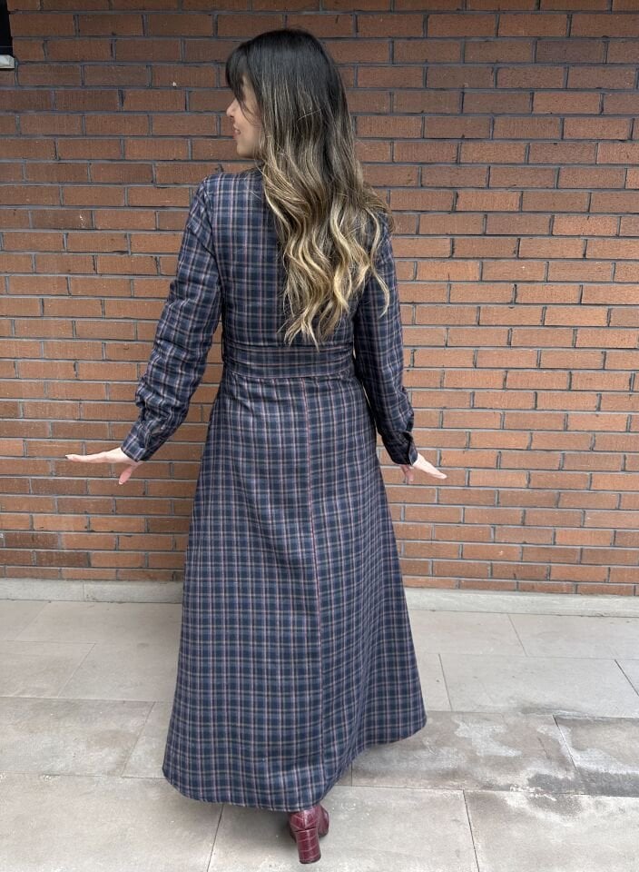 Lacivert-Bordo Ekoseli Gömlek Elbise