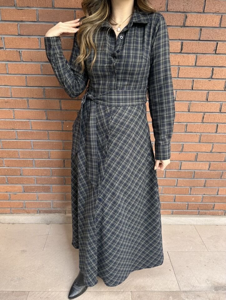 Antrasit Ekoseli Gömlek Elbise