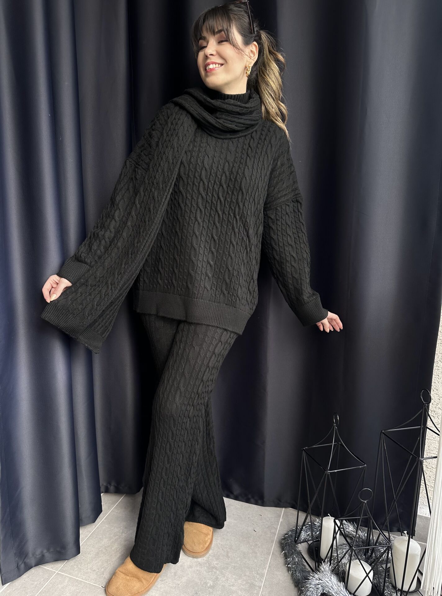 Saç Örgü Üçlü Triko Takım