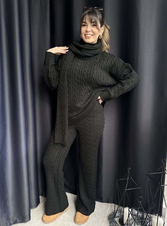 Saç Örgü Üçlü Triko Takım