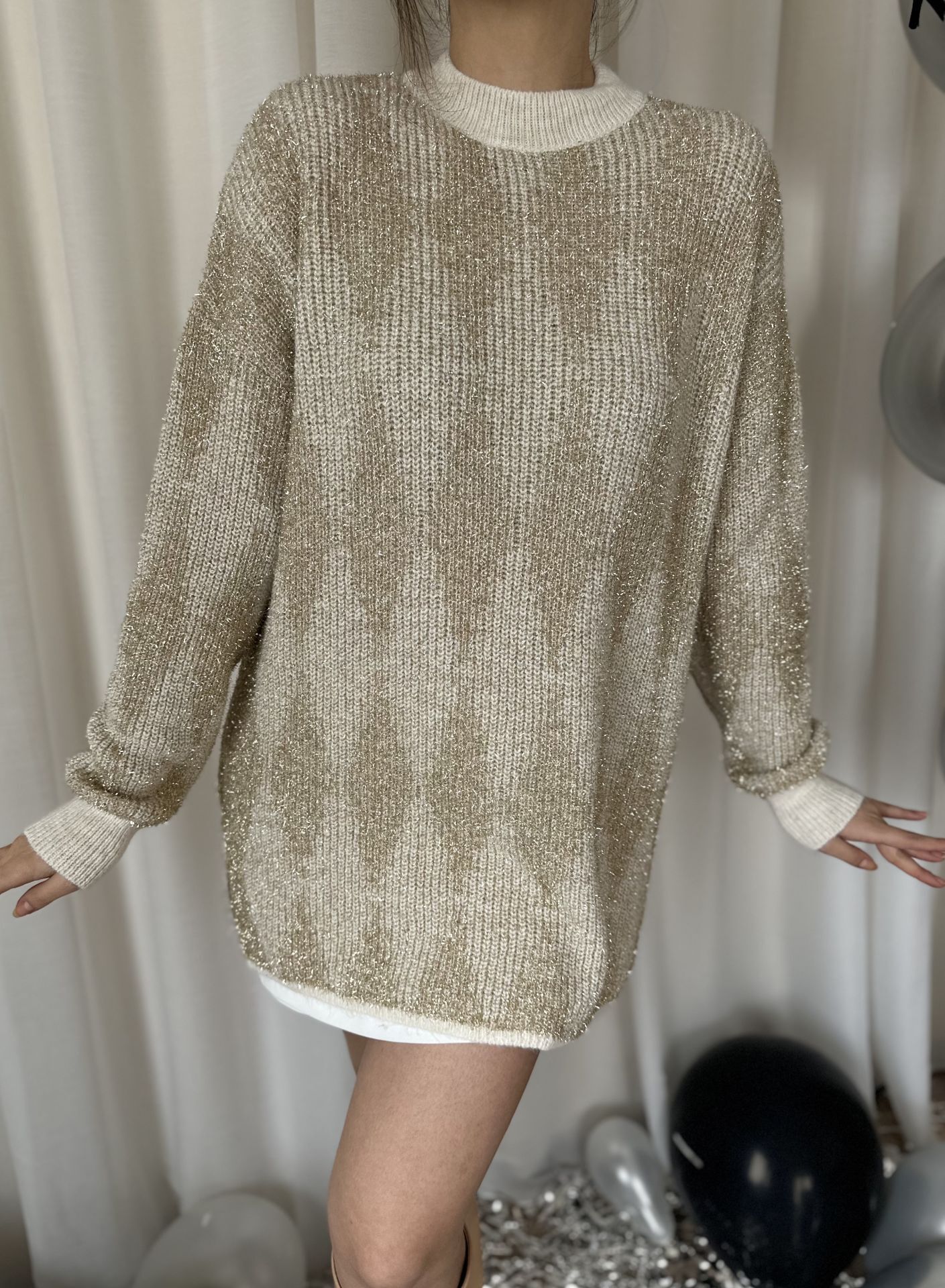 Baklava Desenli Simli Ekru Kazak