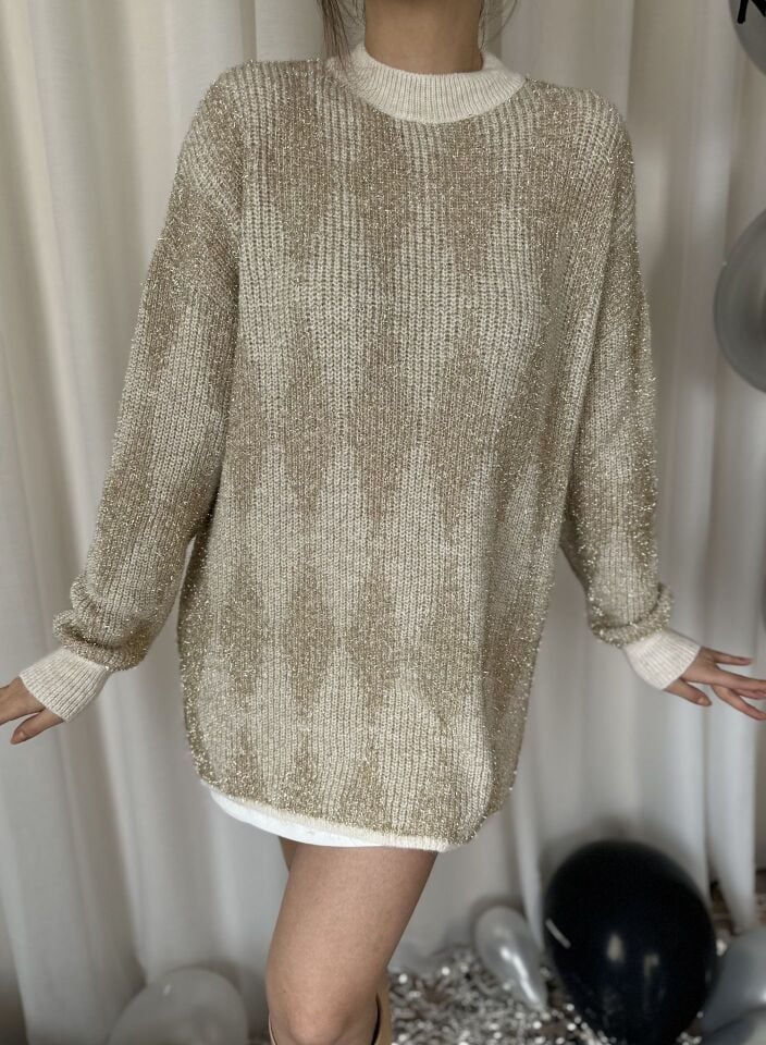 Baklava Desenli Simli Ekru Kazak