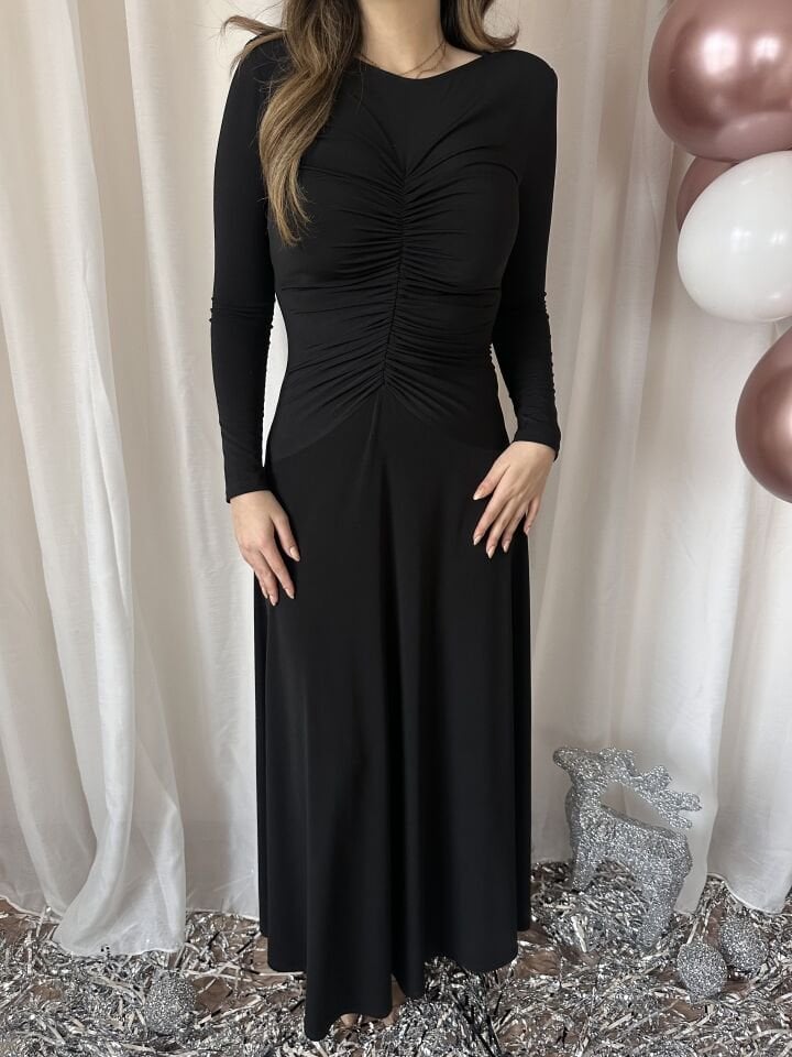 Drape Detaylı Vatkalı Maksi Elbise