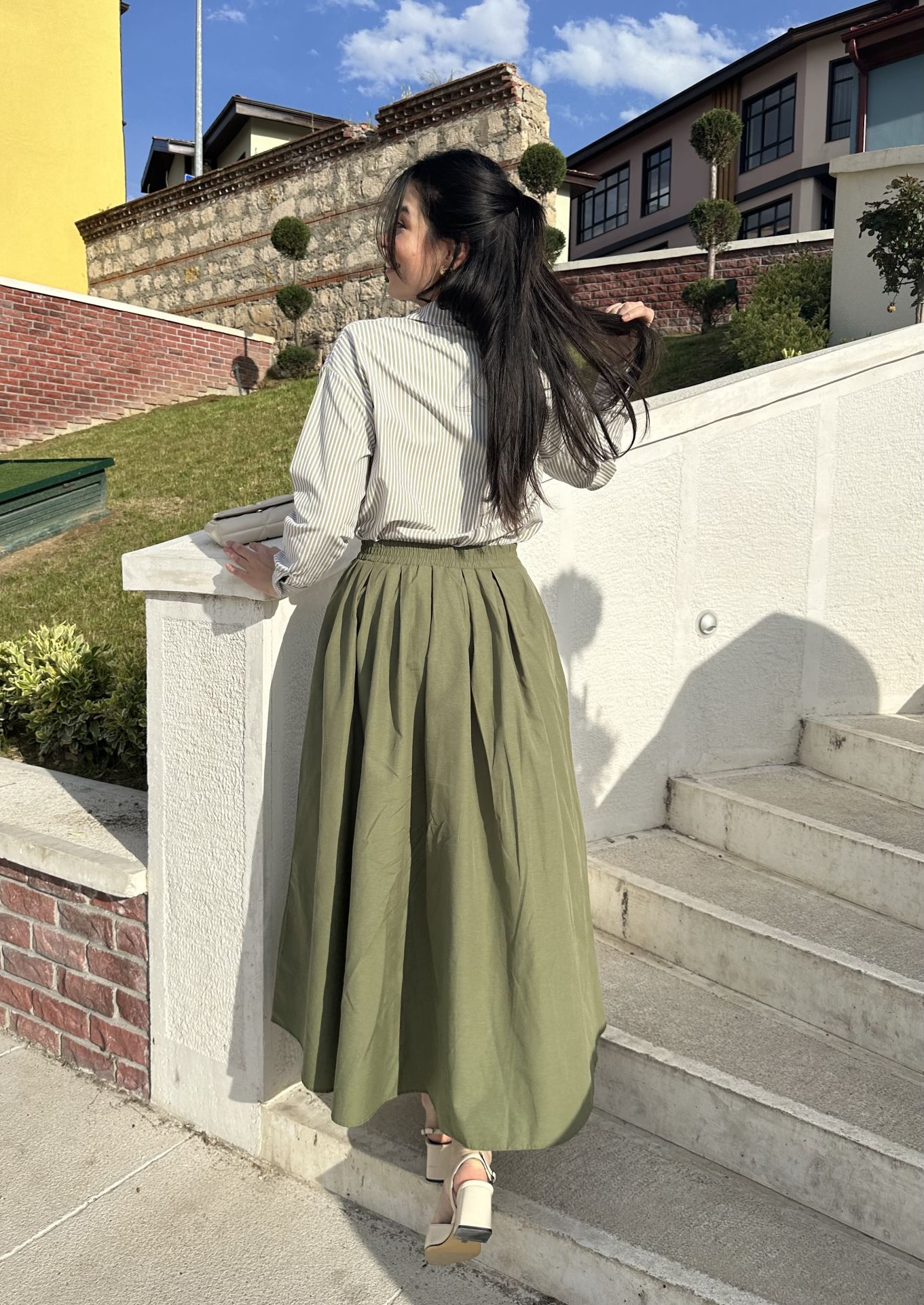 Haki Yeşili Maksi Poplin Etek