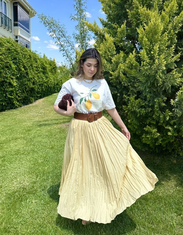 Sarı Pileli Maksi Etek