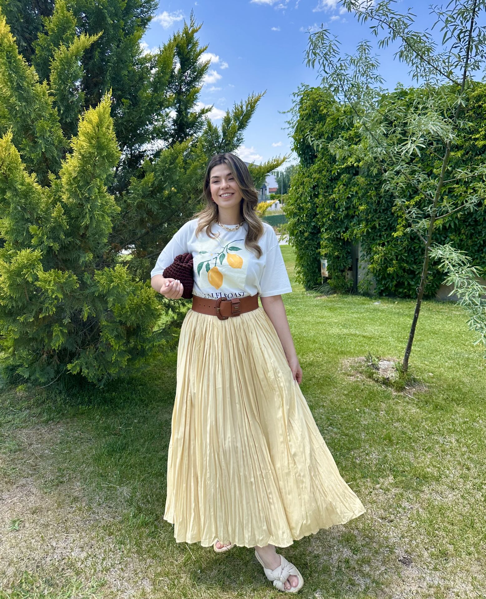 Sarı Pileli Maksi Etek