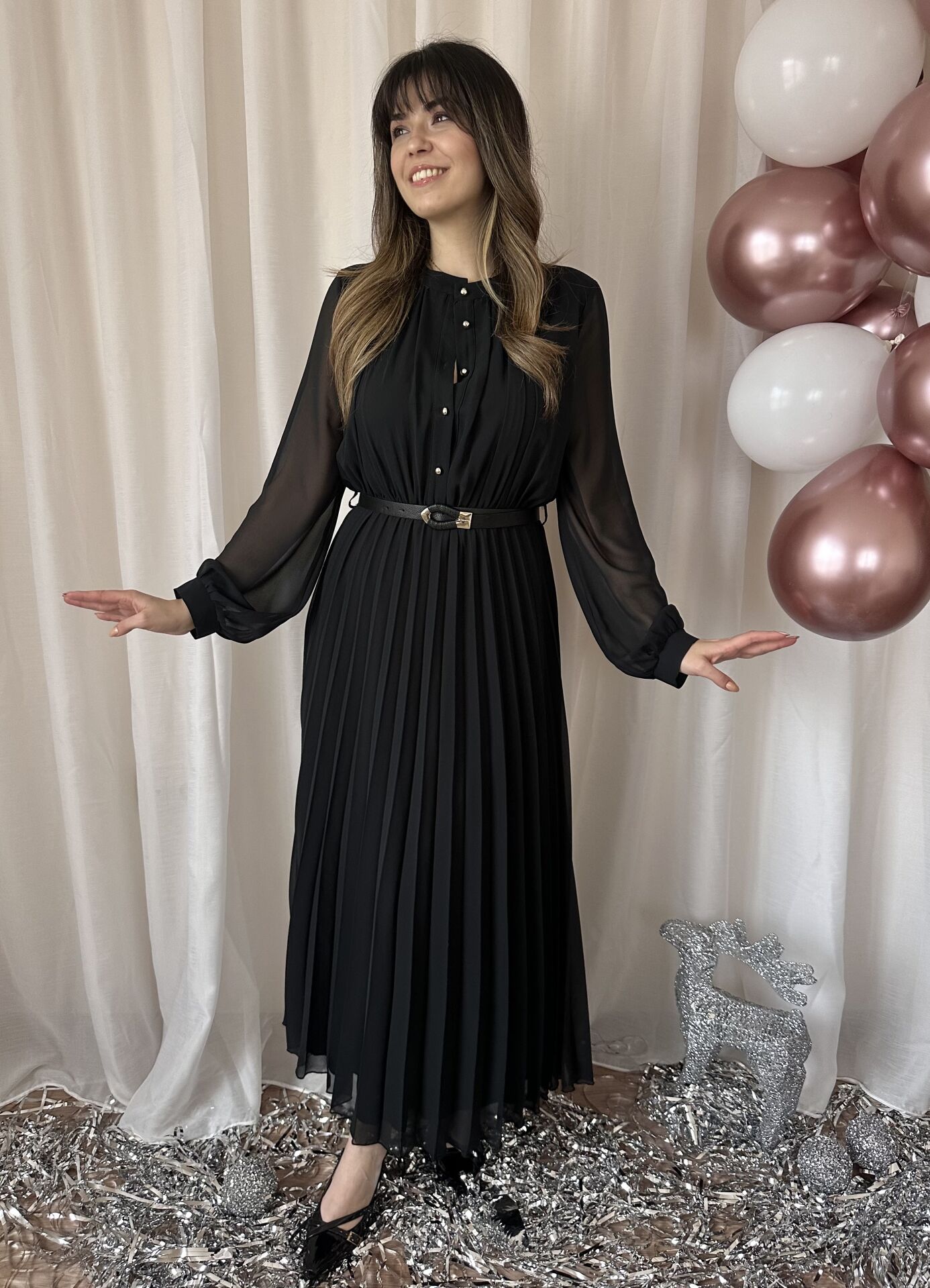 Candy Pileli Şifon Siyah Elbise