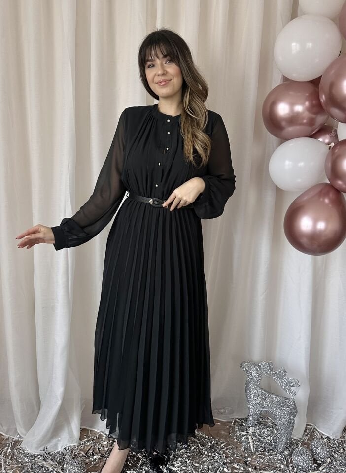 Candy Pileli Şifon Siyah Elbise