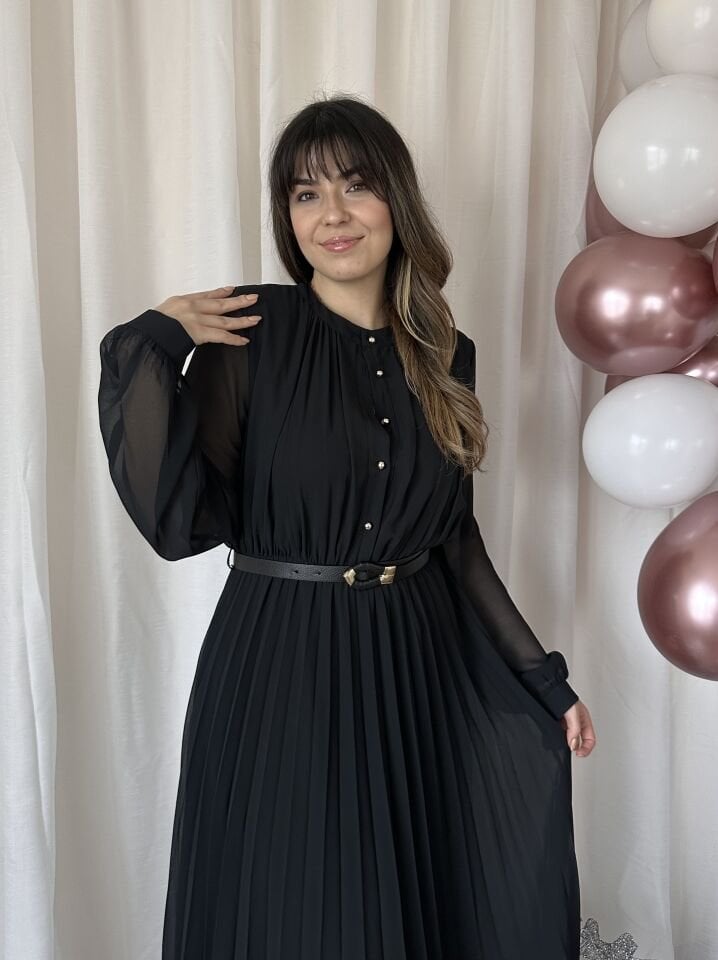 Candy Pileli Şifon Siyah Elbise