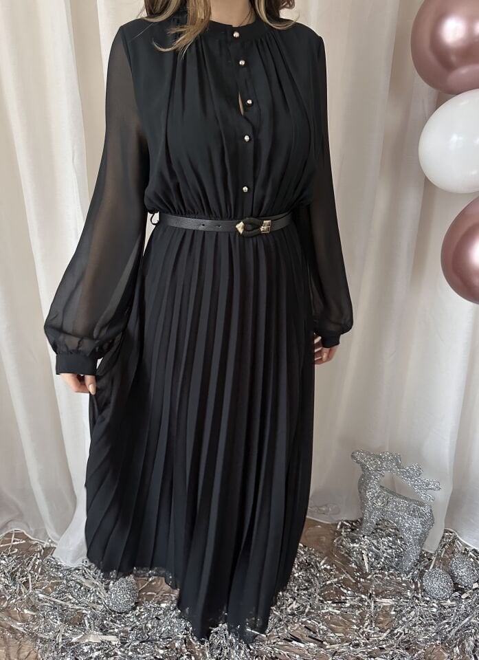 Candy Pileli Şifon Siyah Elbise