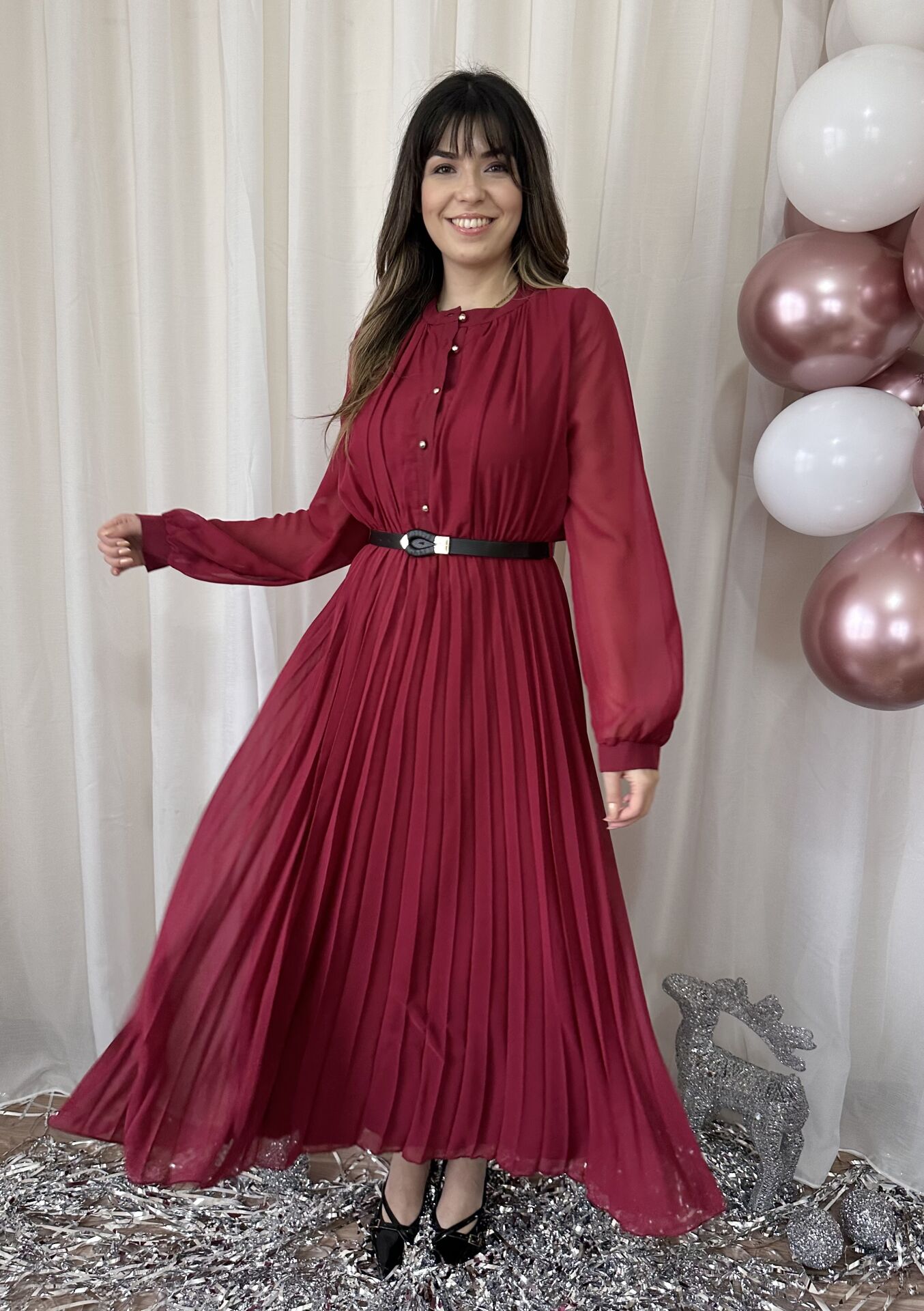 Candy Pileli Şifon Bordo Elbise