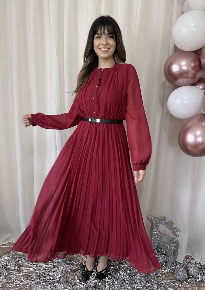 Candy Pileli Şifon Bordo Elbise