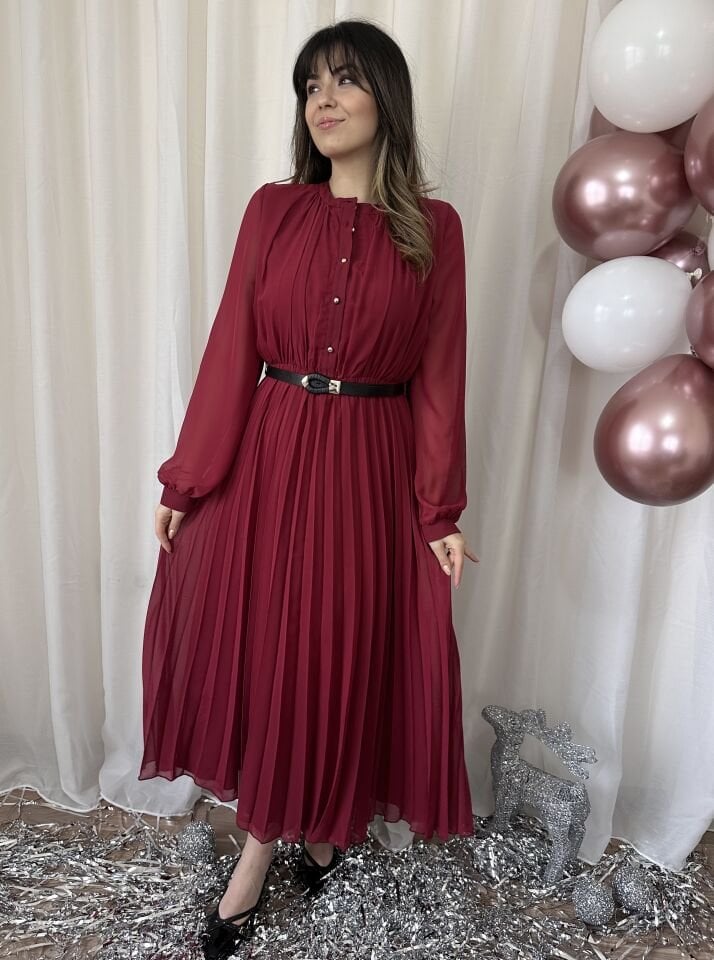 Candy Pileli Şifon Bordo Elbise