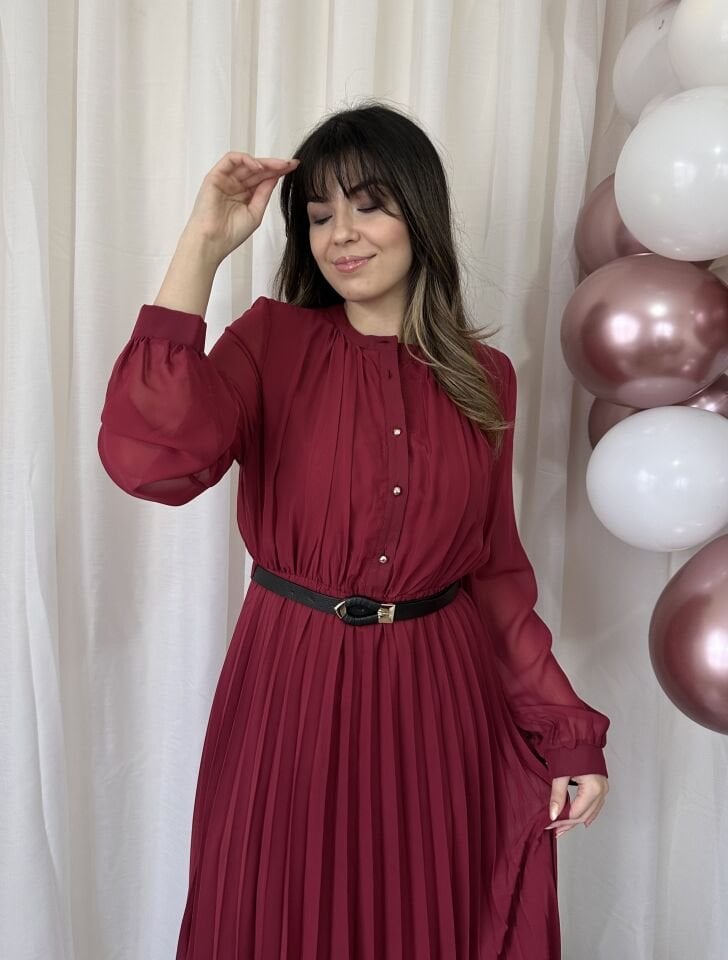Candy Pileli Şifon Bordo Elbise