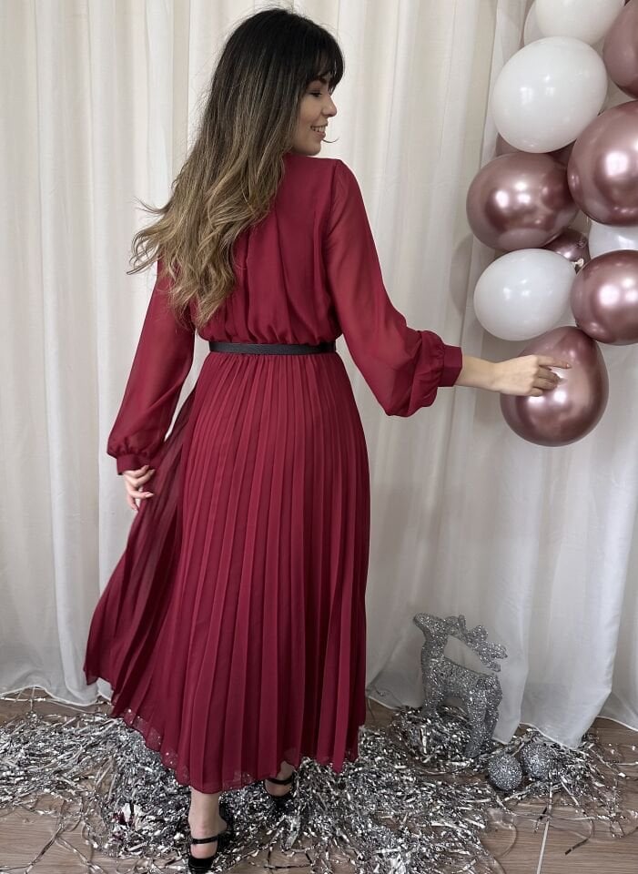 Candy Pileli Şifon Bordo Elbise