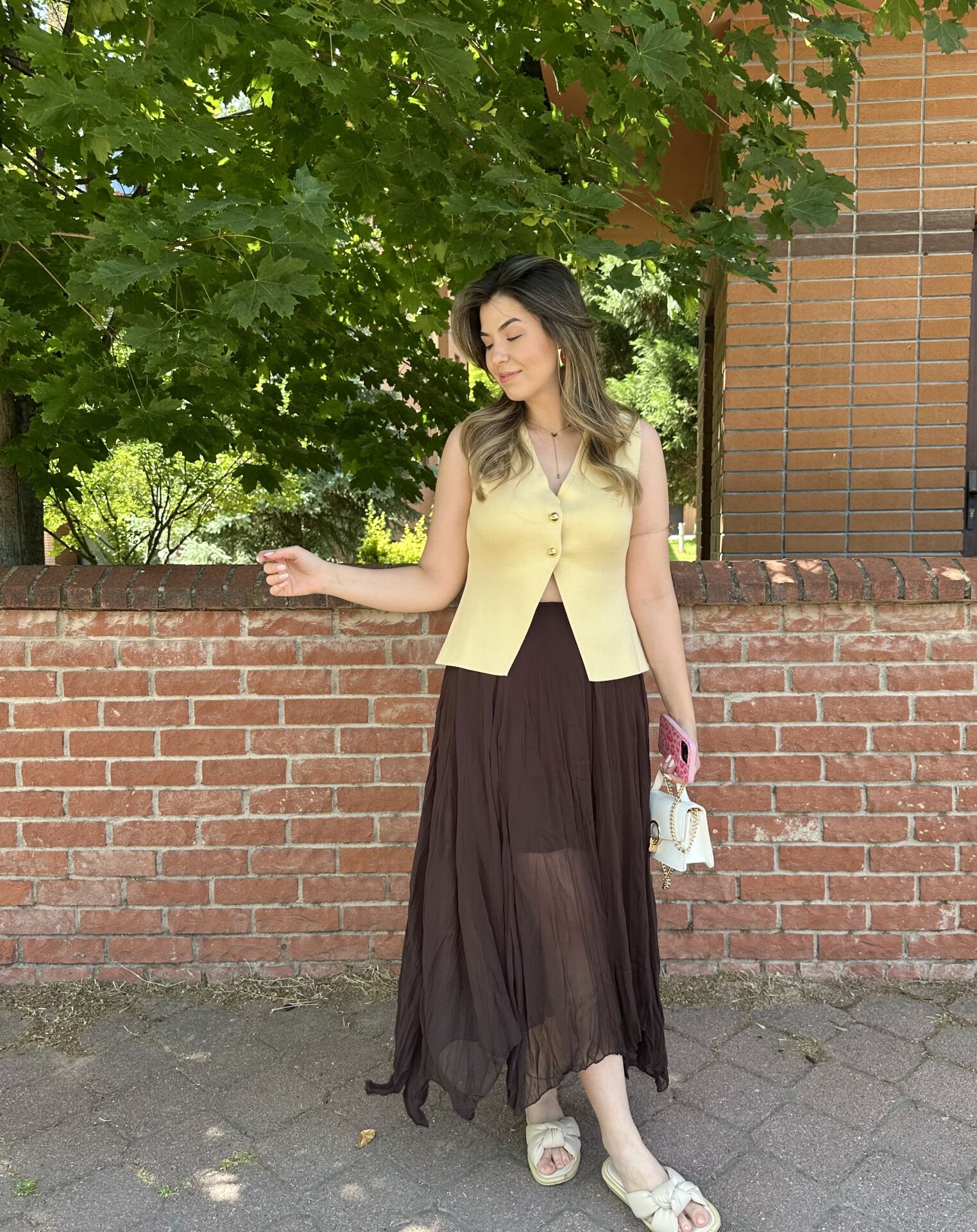 Kraşlı Kahverengi Şifon Etek