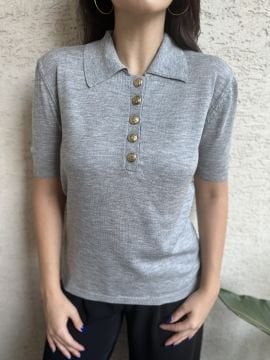 Gold Düğmeli Polo Yaka Triko-Ekru