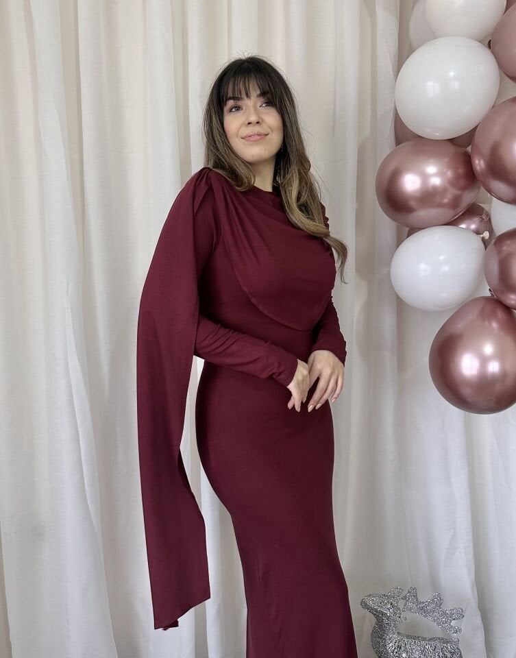 Tali Pelerin Detaylı Bordo Elbise