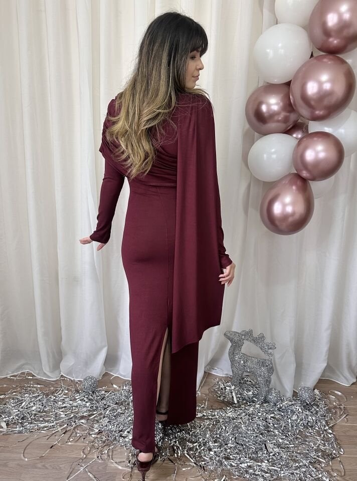 Tali Pelerin Detaylı Bordo Elbise