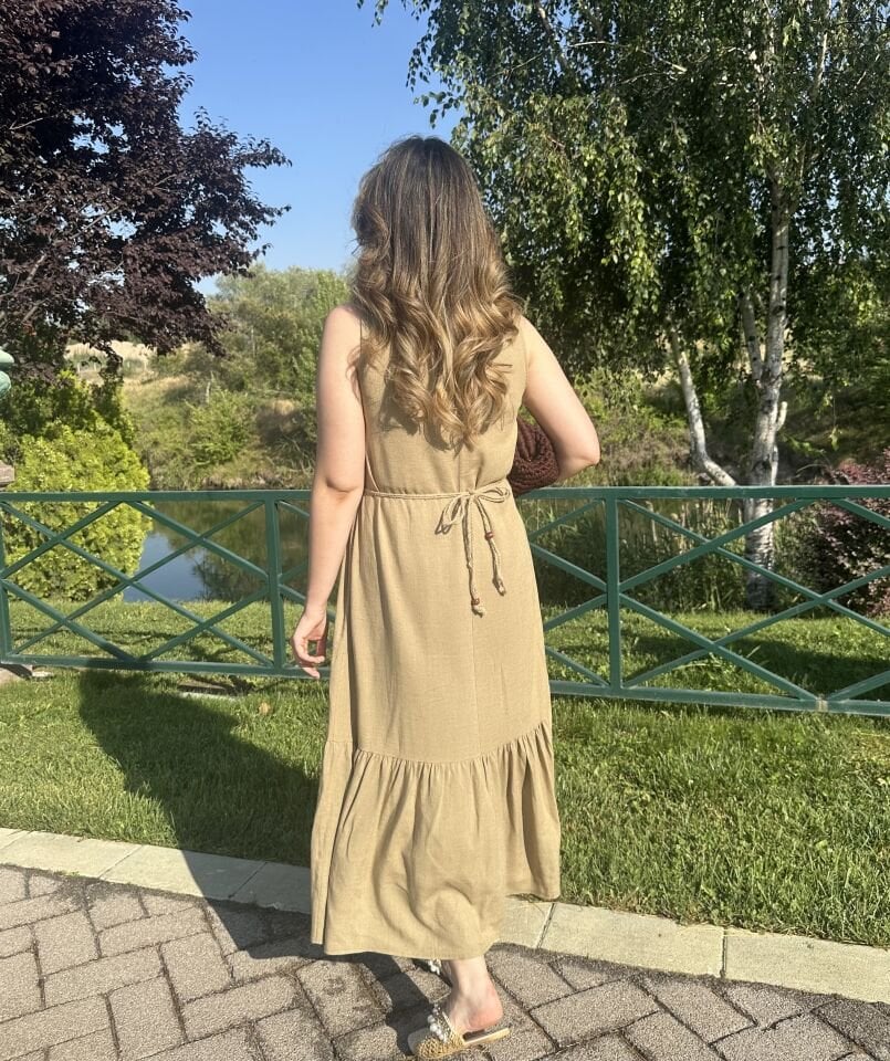 Yağ Yeşili Kemerli Keten Fırfırlı Elbise
