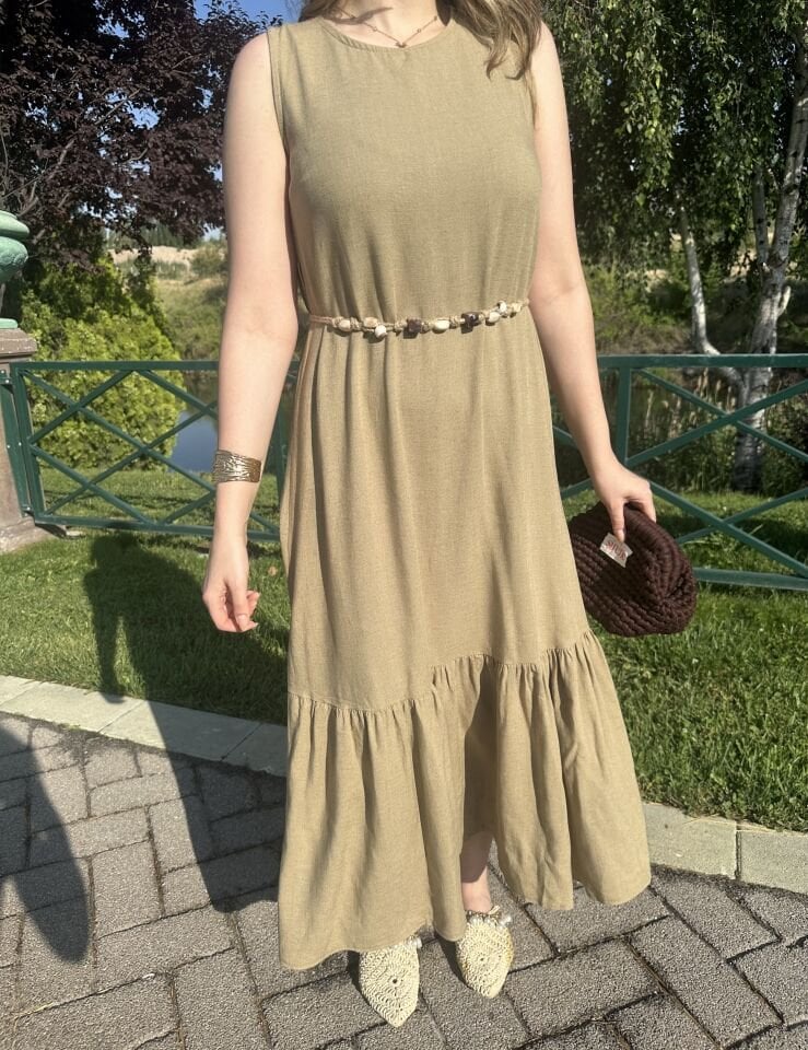 Yağ Yeşili Kemerli Keten Fırfırlı Elbise