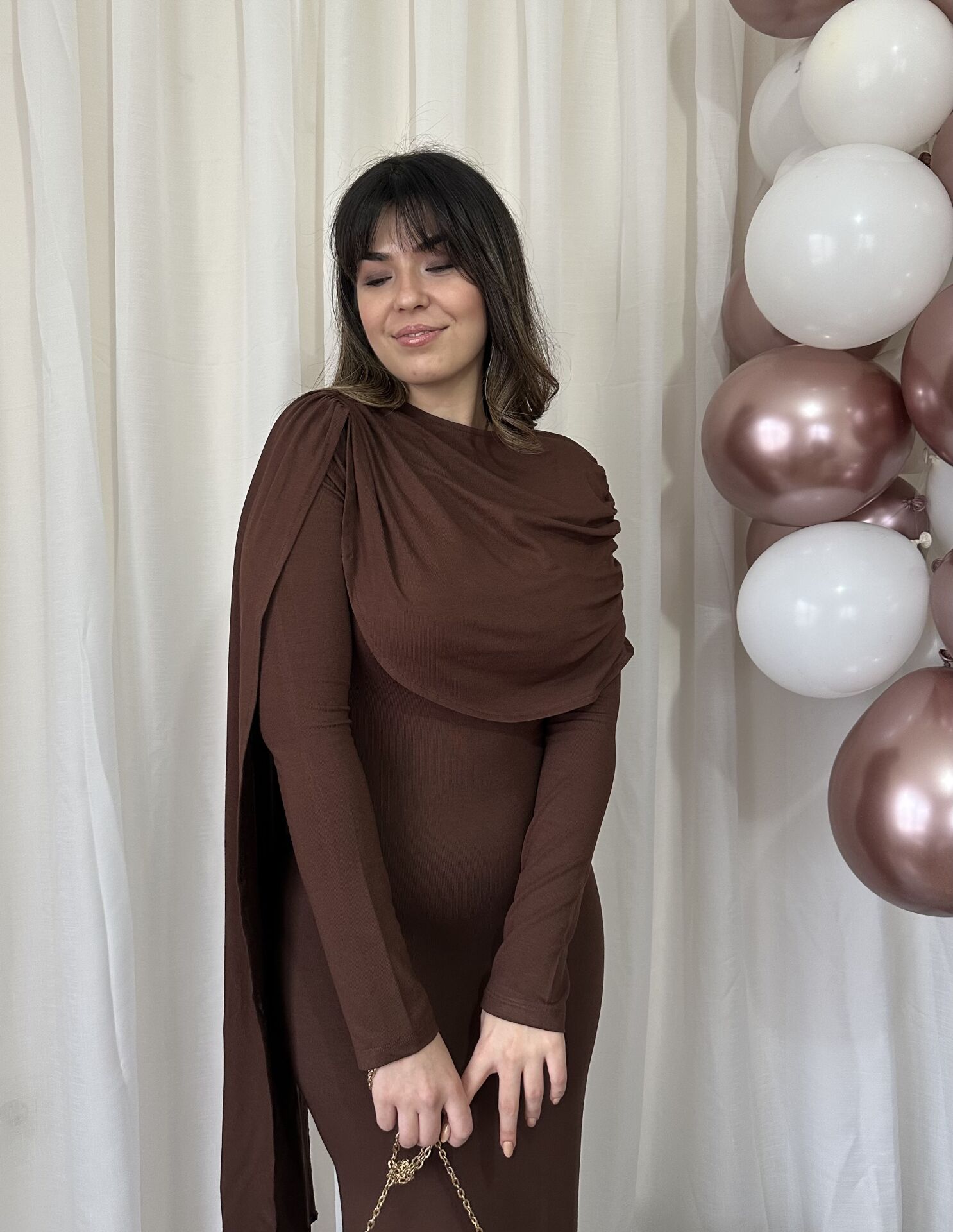 Tali Pelerin Detaylı Kahverengi Elbise