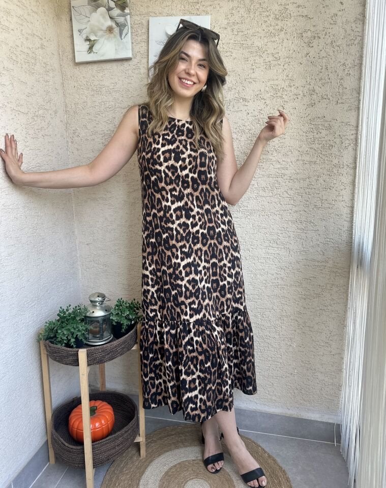 Leopar Desenli Kolsuz Çan Elbise