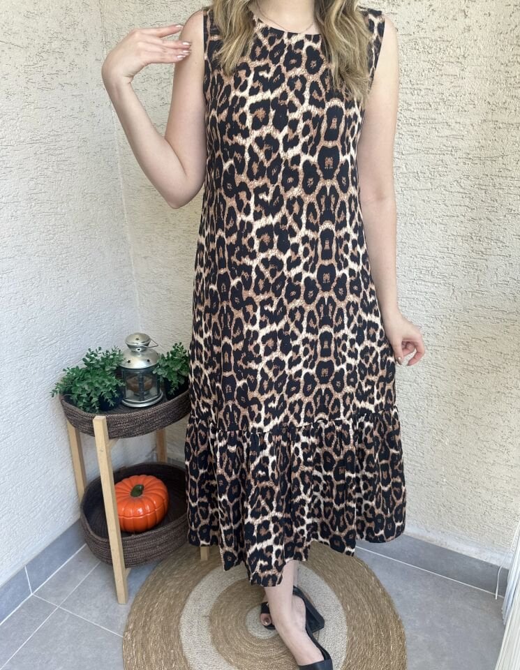 Leopar Desenli Kolsuz Çan Elbise