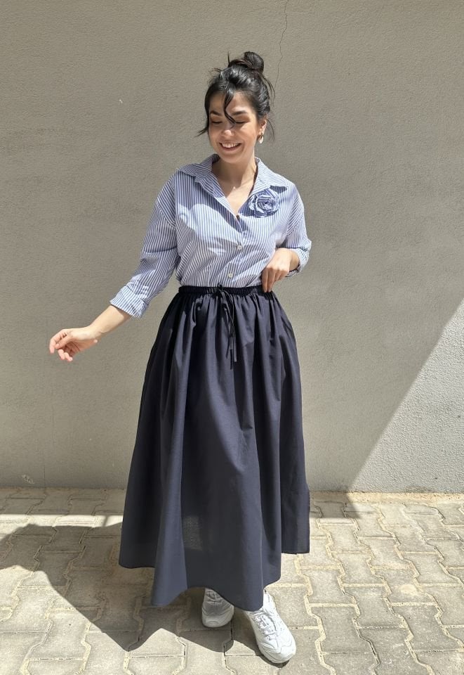 Beli Lastikli İpli Lacivert Maksi Etek