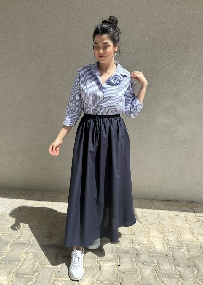 Beli Lastikli İpli Lacivert Maksi Etek