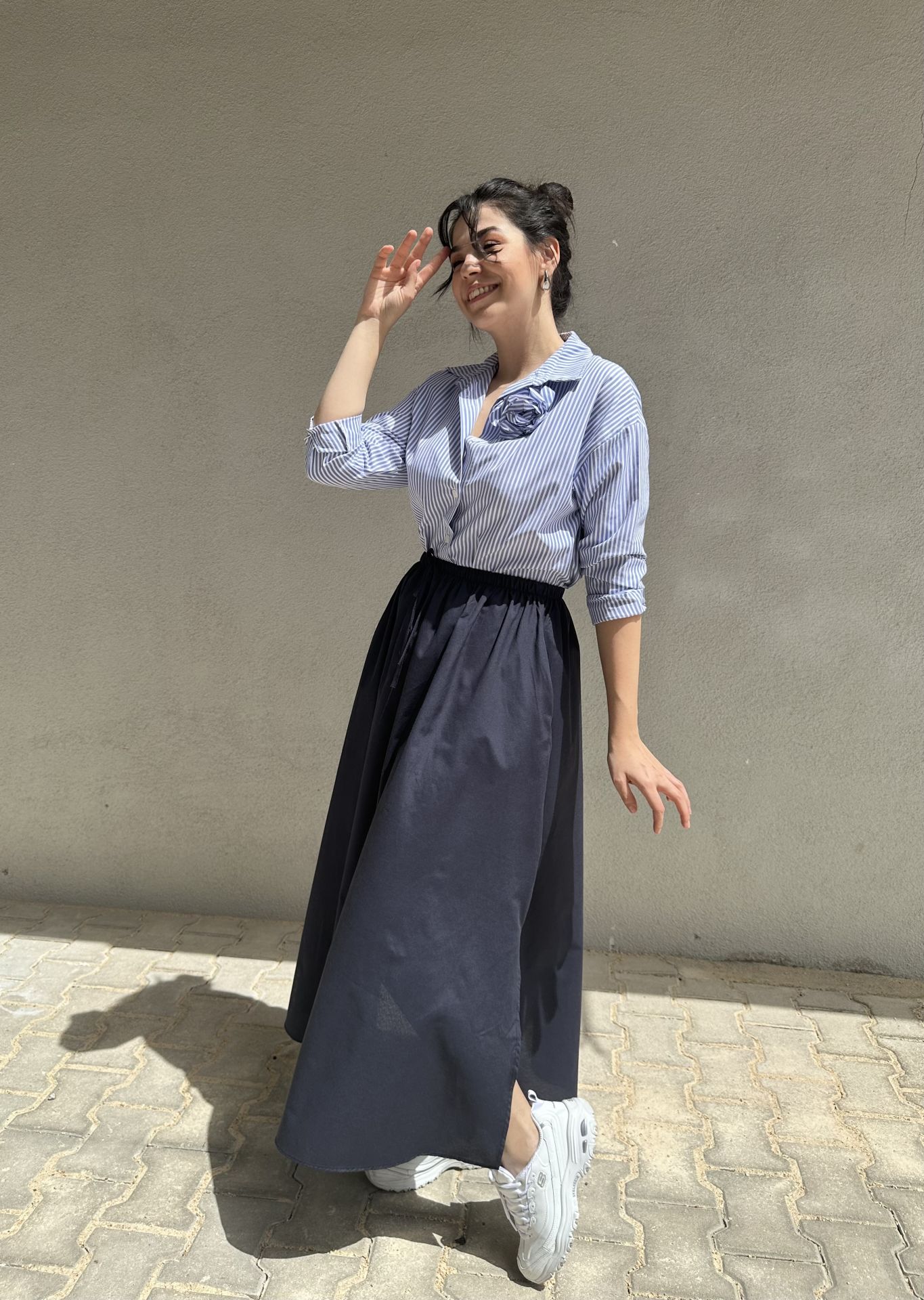 Beli Lastikli İpli Lacivert Maksi Etek